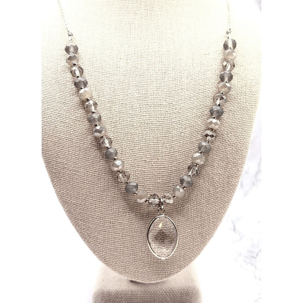 Smoky Gray Glass‎ Bead Pendant Necklace Silver Tone 28" Modern
